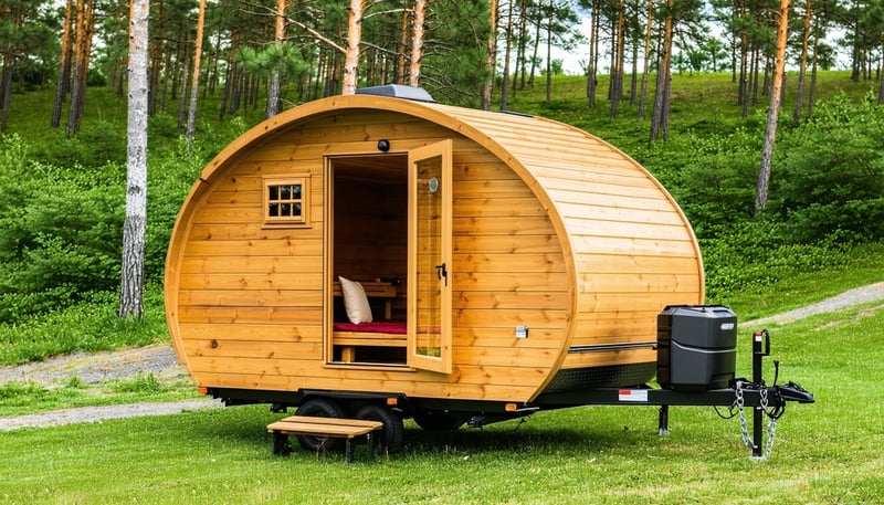 Sauna Camper trailer set up in a scenic outdoor location, showing both sauna and camper features